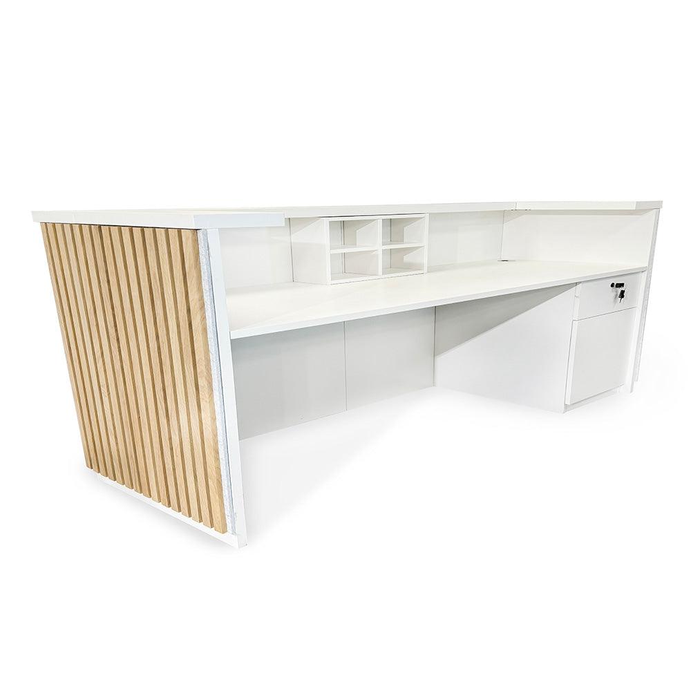 Kento Reception Desk 240cm - Timber Slat Acoustic White & Oak - Furniture Castle