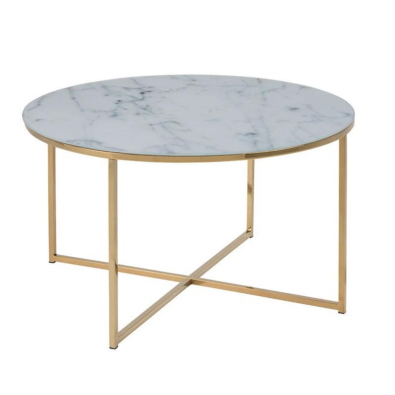 Kolina Glass Marble Round Coffee Table 80cm - White/ Gold Chrome - Furniture Castle