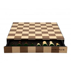 Dal Rossi Chess Set, Wooden Inlaid box, with drawer and chess pieces, 14″