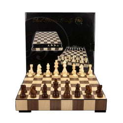 Dal Rossi Chess Set, Wooden Inlaid box, with drawer and chess pieces, 14″