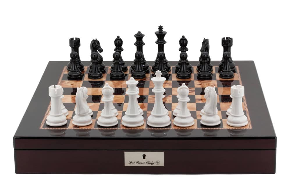 Dal Rossi Italy Chess Box Mahogany Finish 20" with compartments with Black Ebony and Box Wood Finish 110mm Chess pieces