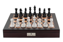 Dal Rossi Italy Chess Box Mahogany Finish 20" with compartments with Black Ebony and Box Wood Finish 110mm Chess pieces
