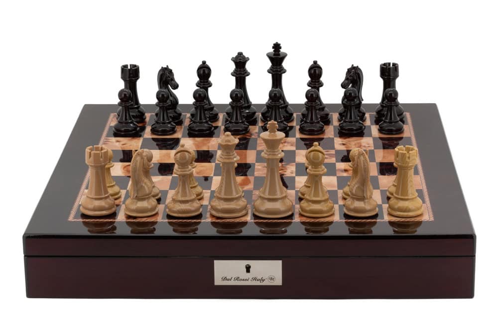 Dal Rossi Italy Chess Box Mahogany Finish 20" with compartments with Black Ebony and Box Wood Finish 110mm Chess pieces
