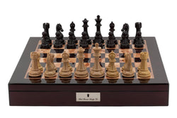Dal Rossi Italy Chess Box Mahogany Finish 20" with compartments with Black Ebony and Box Wood Finish 110mm Chess pieces