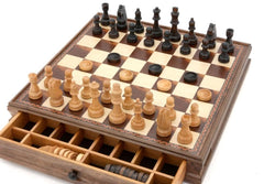 Dal Rossi Chess / checkers, walnut box, with drawers and chess piece compartments, 15
