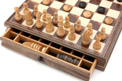 Dal Rossi Chess / checkers, walnut box, with drawers and chess piece compartments, 15