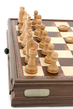 Dal Rossi Chess / checkers, walnut box, with drawers and chess piece compartments, 15