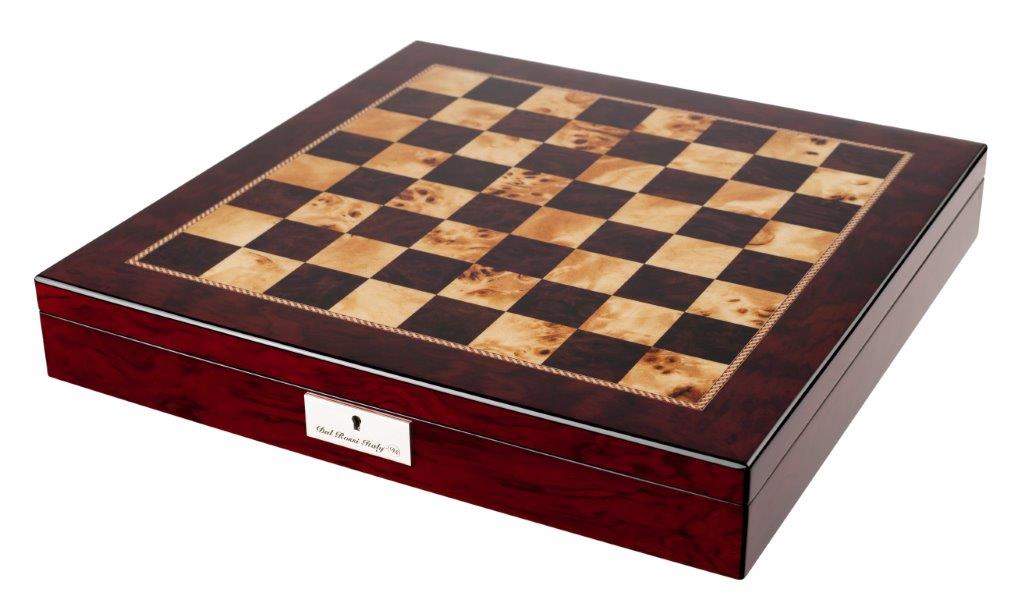 Dal Rossi Italy Chess Box Mahogany Finish 20" with compartments with Black Ebony and Box Wood Finish 110mm Chess pieces