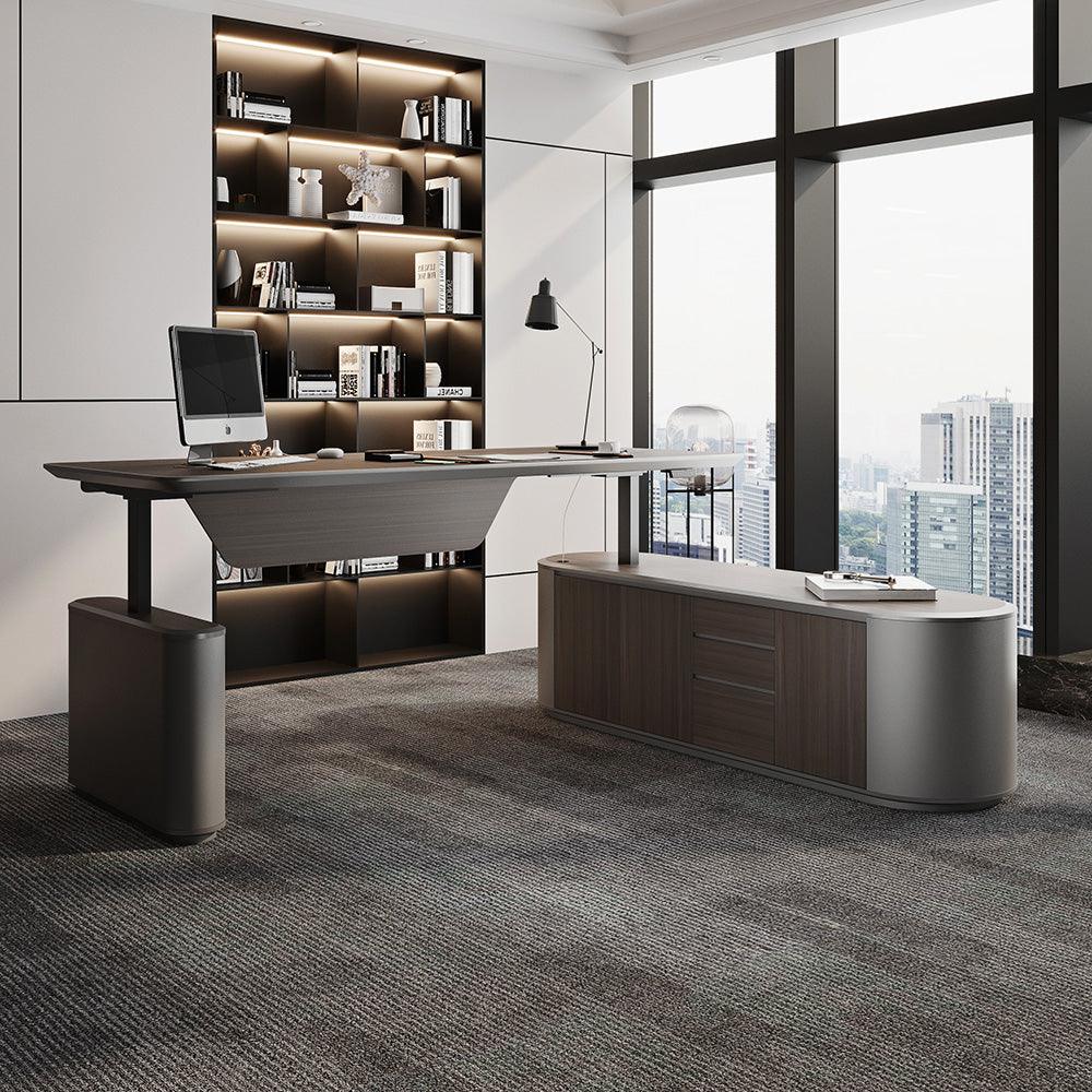 LUCA Sit & Stand Executive Desk with Electric Lift and Reversible Return 240cm - Hazelnut & Grey - Furniture Castle