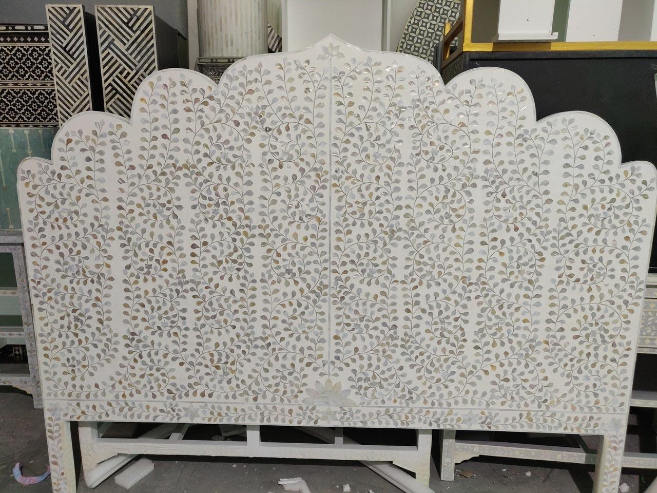 Majestic Inlay Floral Headboard - King - MoP - White - Furniture Castle