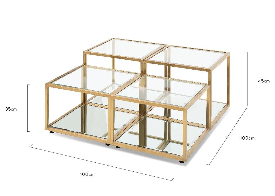 Melo 100cm Glass Coffee Table - Brushed Gold Base (Set of 4) - Furniture Castle