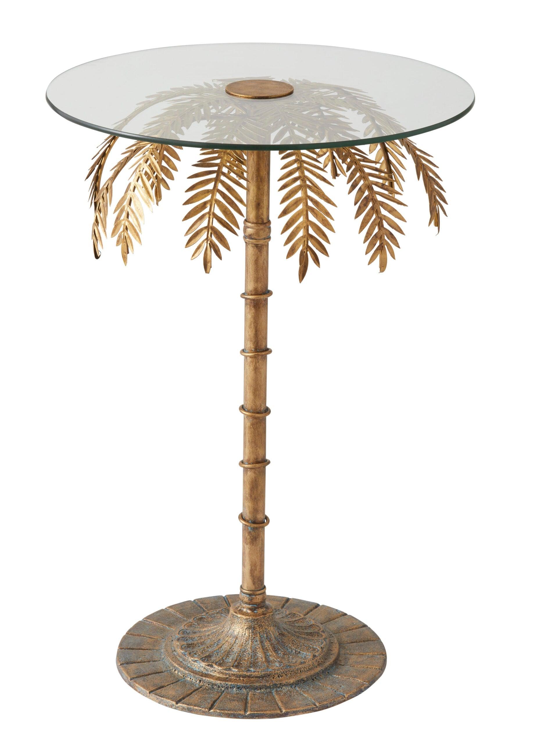Palm Tree Side Table Golden with Glass 73cm - Furniture Castle