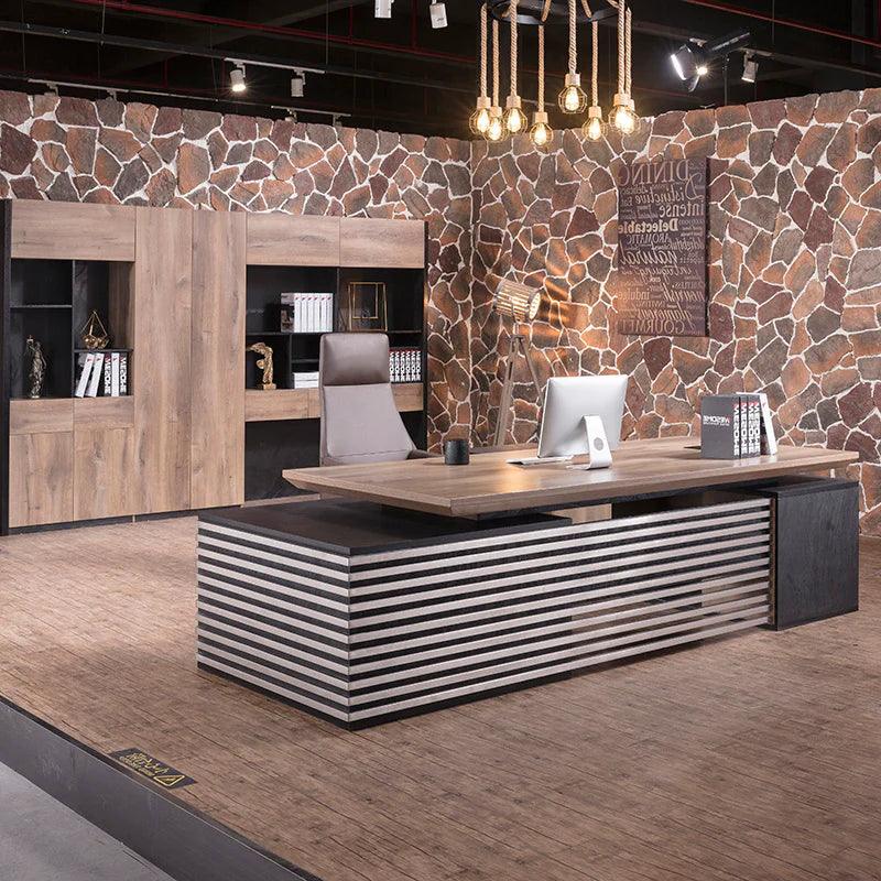 Phoenix 2.0 - Sit Stand Electric Lift Executive Desk with Left Return 2.8m - Warm Oak & Black - Furniture Castle