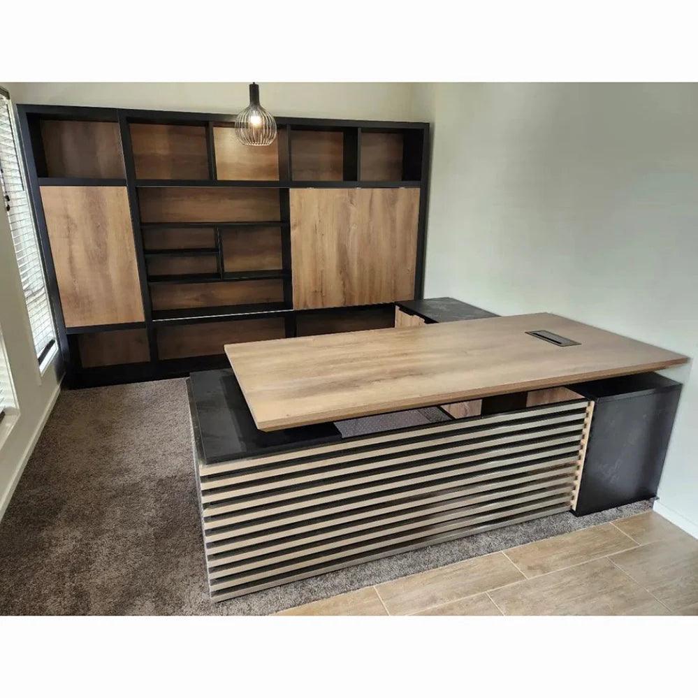 Phoenix Sit & Stand Electric Lift Executive Desk with Left Return 2.2M - Warm Oak & Black - Furniture Castle