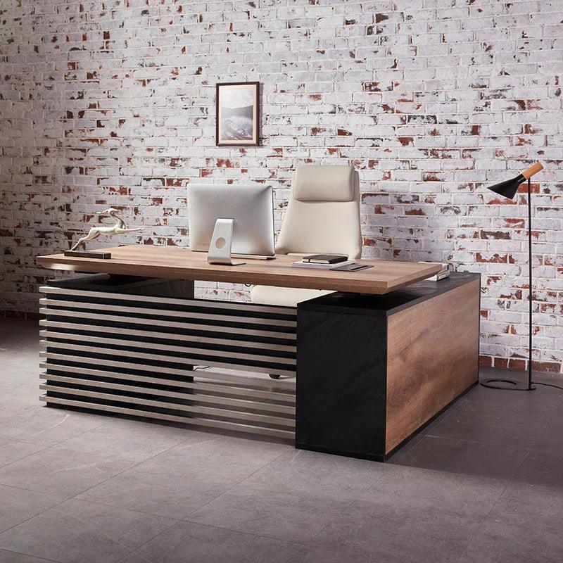 Phoenix Sit & Stand Electric Lift Executive Desk with Left Return 2.2M - Warm Oak & Black - Furniture Castle