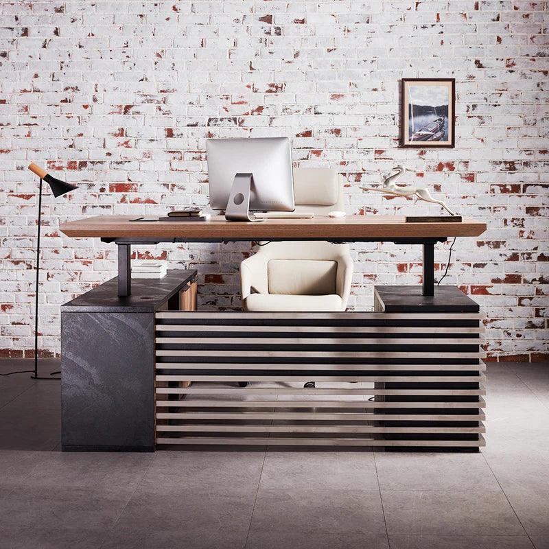 Phoenix Sit & Stand Electric Lift Executive Desk with Right Return 1.8M - Warm Oak & Black - Furniture Castle