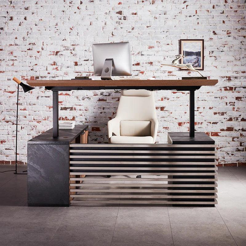 Phoenix Sit & Stand Electric Lift Executive Desk with Right Return 1.8M - Warm Oak & Black - Furniture Castle