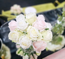 Cote Noire Luxury Round 13 Rose Buds Bouquet - French Pink, Green & White - RRB13