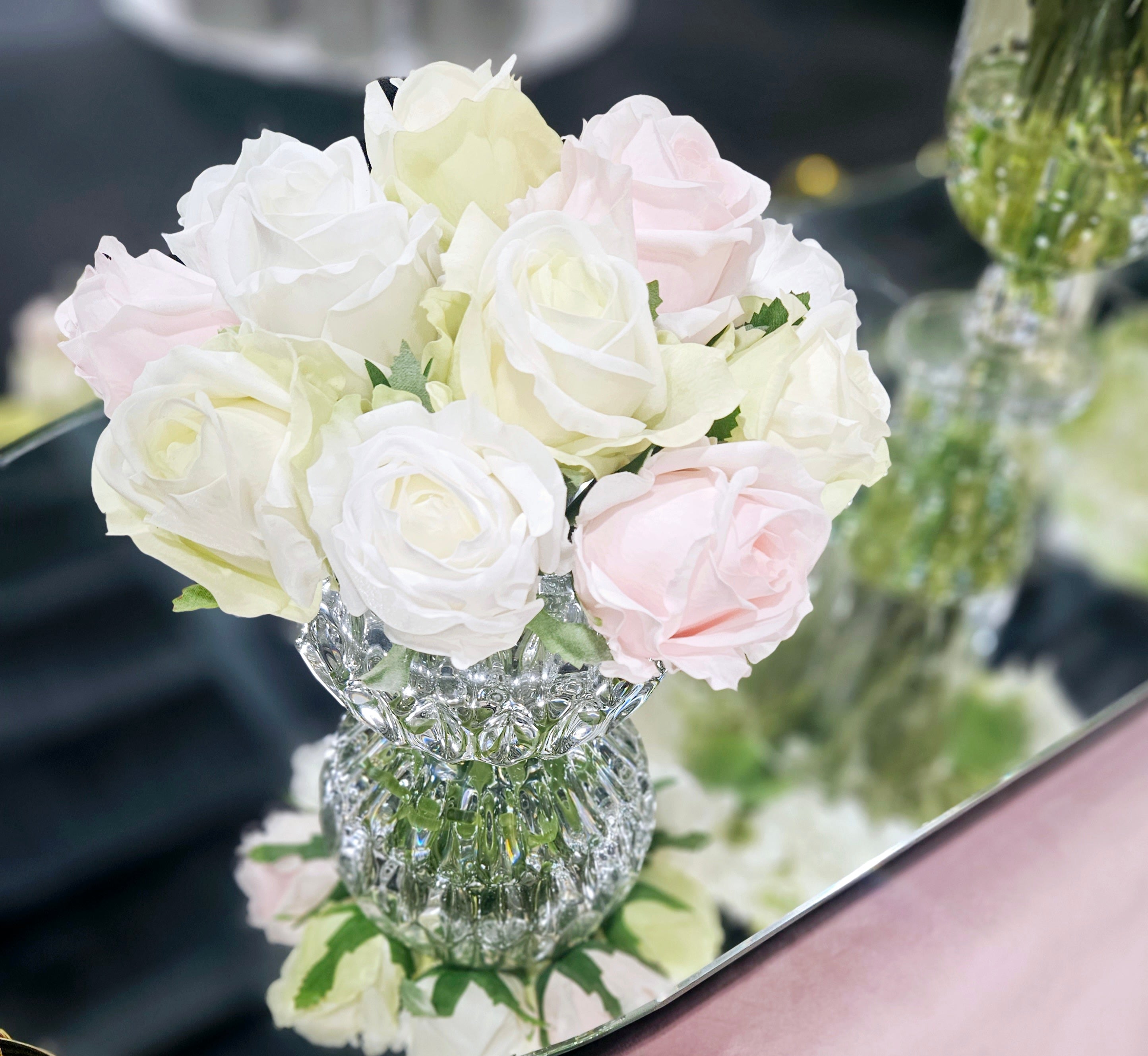 Cote Noire Luxury Round 13 Rose Buds Bouquet - French Pink, Green & White - RRB13