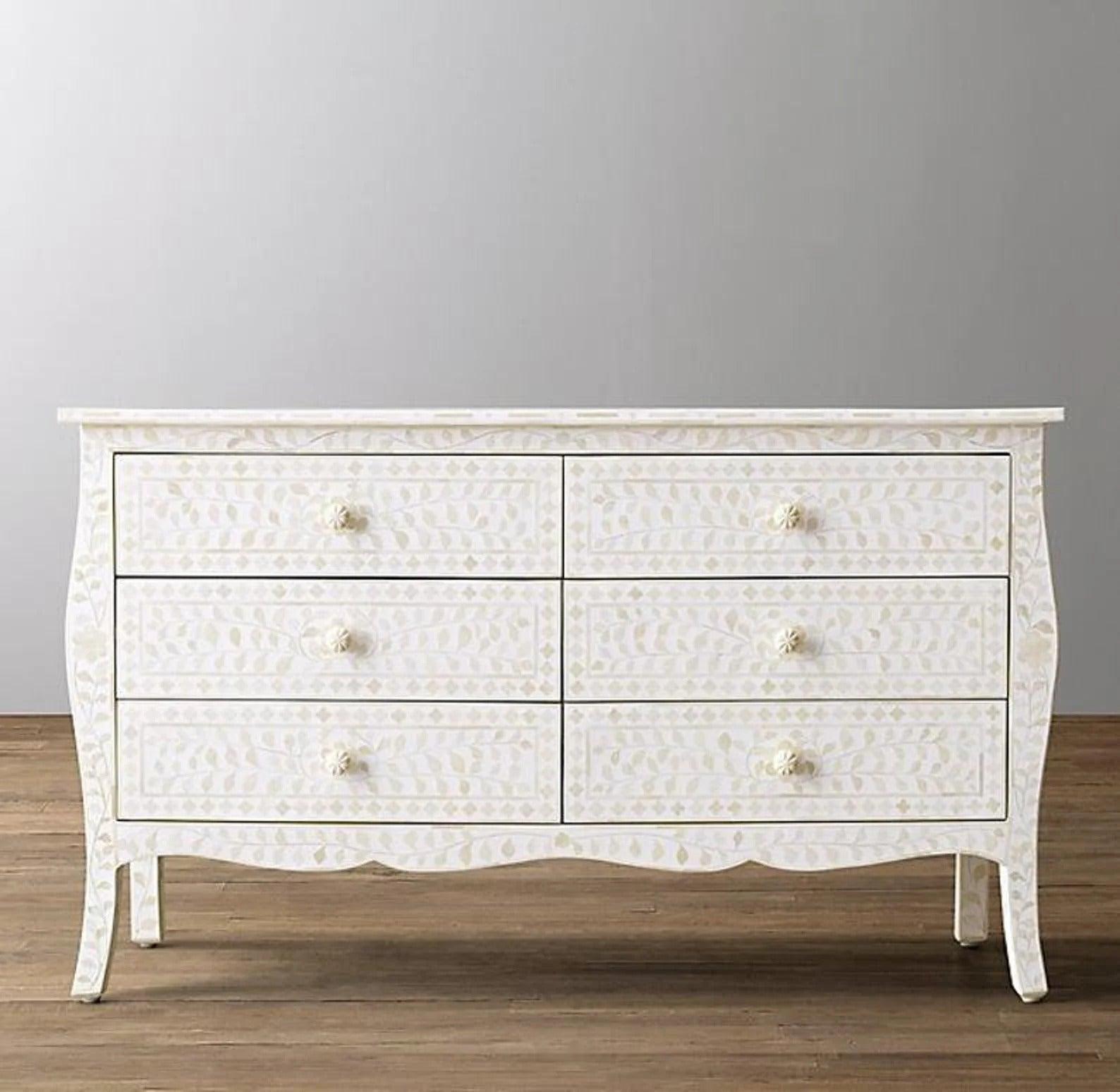Sienna Inlay 6Dr Chest Floral Provincial - White - Furniture Castle