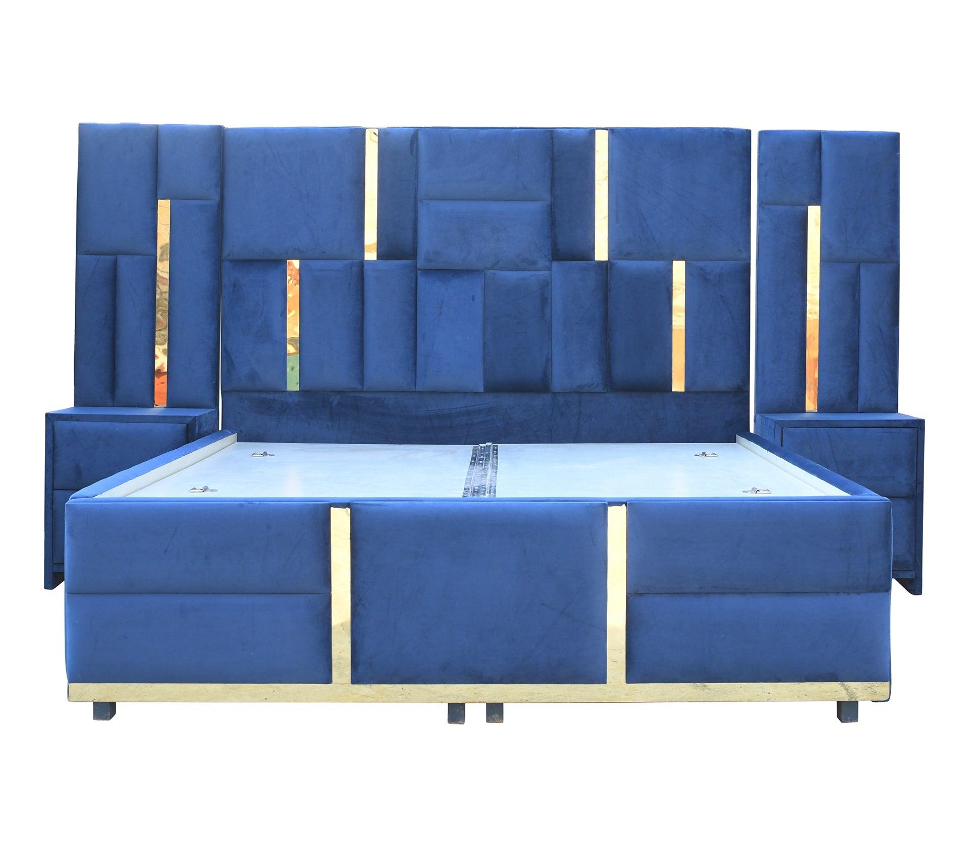 Steven Royal Blue With Gold Accents Queen Stotage Bed With Bedsides - Furniture Castle
