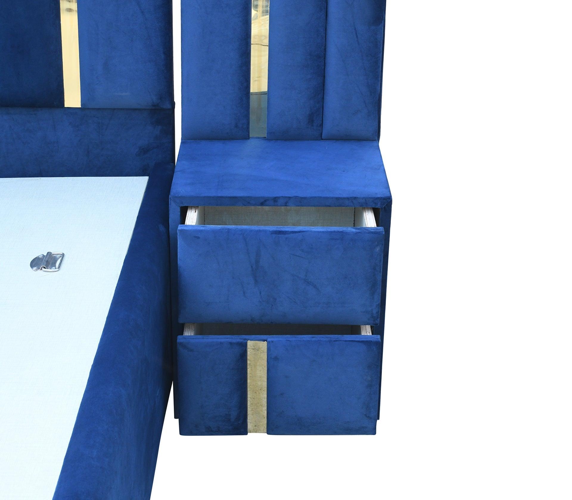 Steven Royal Blue With Gold Accents Queen Stotage Bed With Bedsides - Furniture Castle