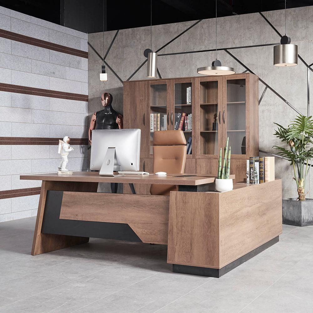 SUTTON Executive Desk with Left Return 180-200cm - Warm Oak & Black - Furniture Castle