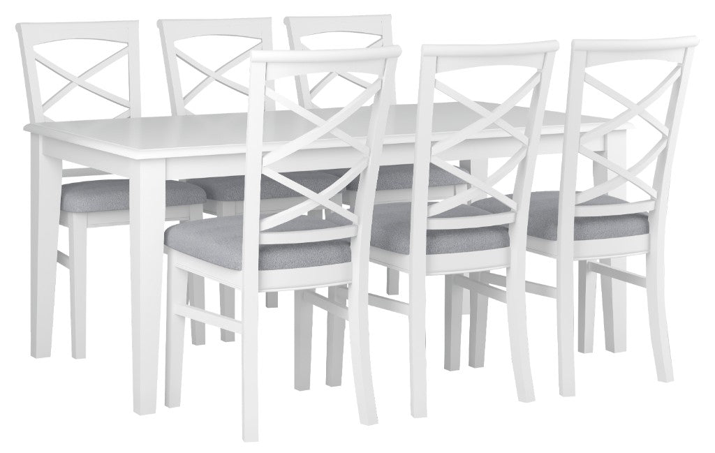Hampton 7-Piece Dining Table & 6 Fabric Chairs Set 180cm – White & Light Grey