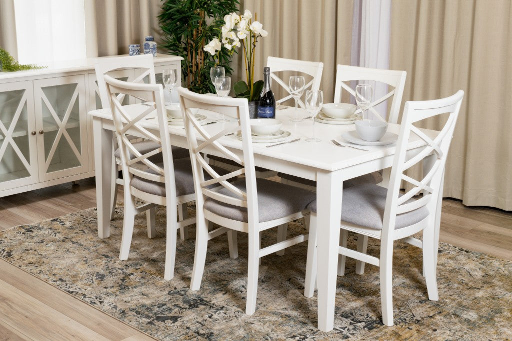 Hampton 7-Piece Dining Table & 6 Fabric Chairs Set 180cm – White & Light Grey