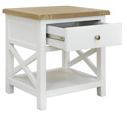 Shellwood 1-Drawer Bedside Table with Shelf – Oak & White