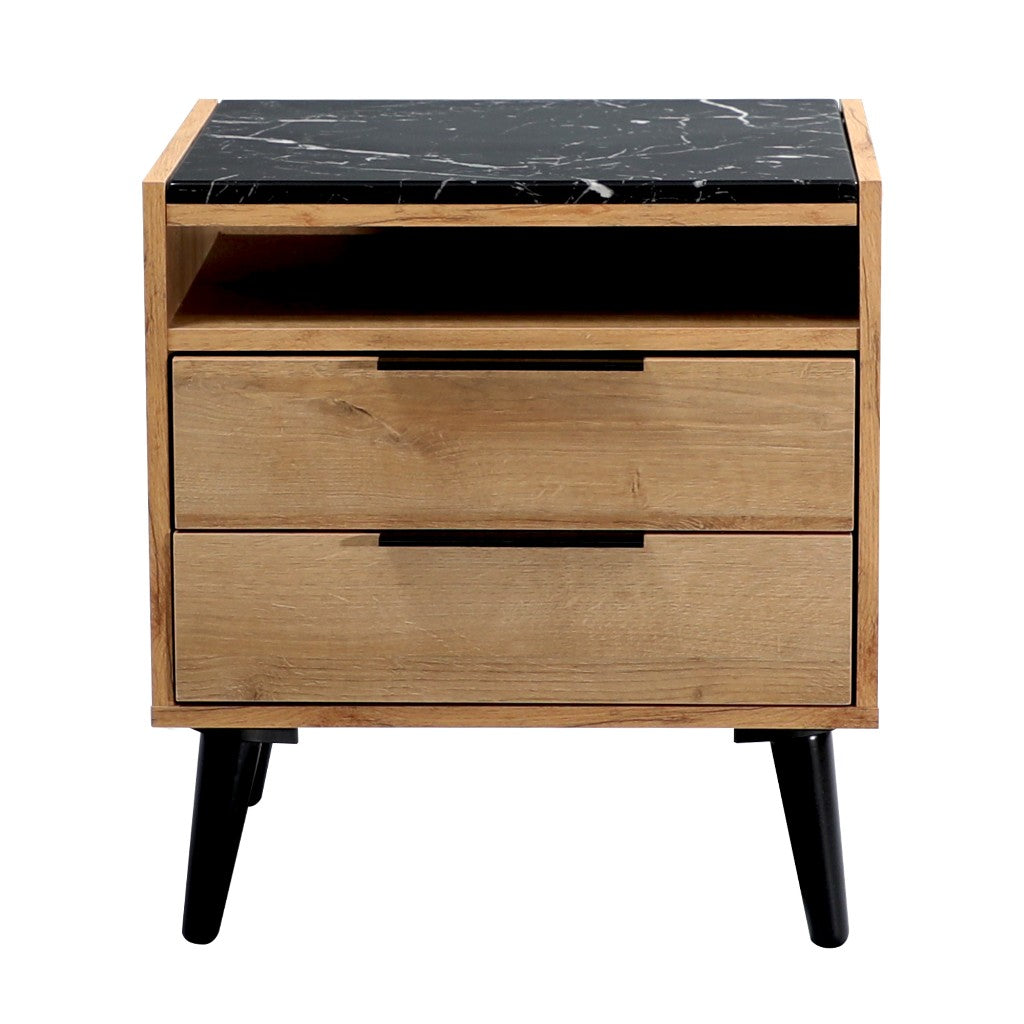 Thelma 2-Drawer Bedside Table with Open Shelf – Riviera Oak
