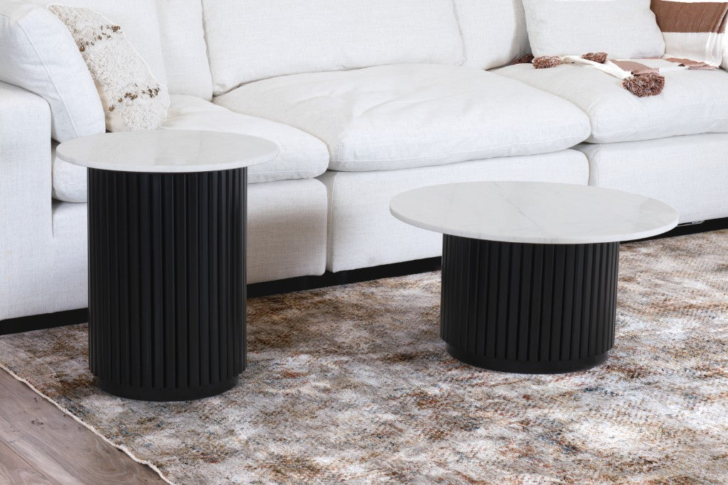 Nile Round Marble Coffee Table 70cm – White Marble Top & Black Fluted Base