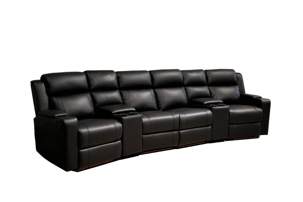 Academy Home Theatre 4 Recliners & 2 Console Black Leather W360 x D98 x H101 Cm