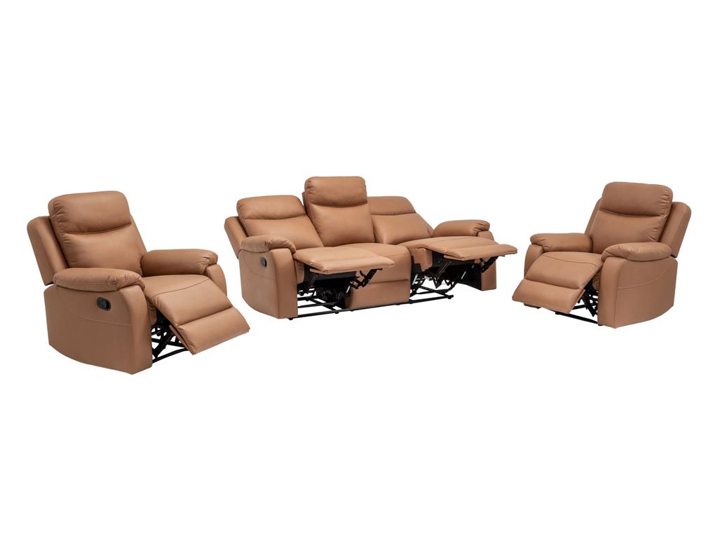 William 3 Piece Recliner Suite (3 Seater + 2 Recliner Chairs) – Tan